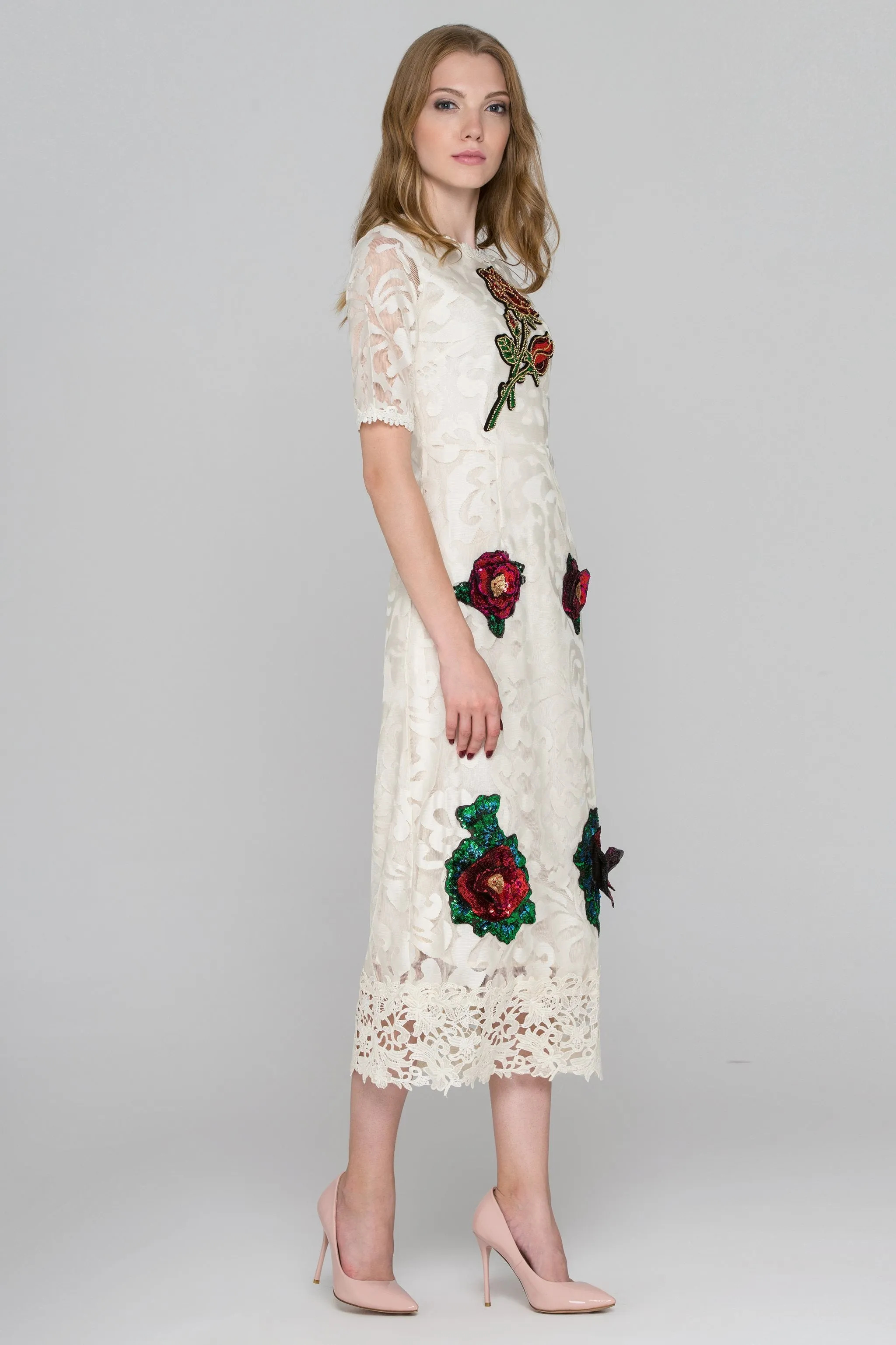 Cream Lace Sequined Flower Patch Maxi Dress