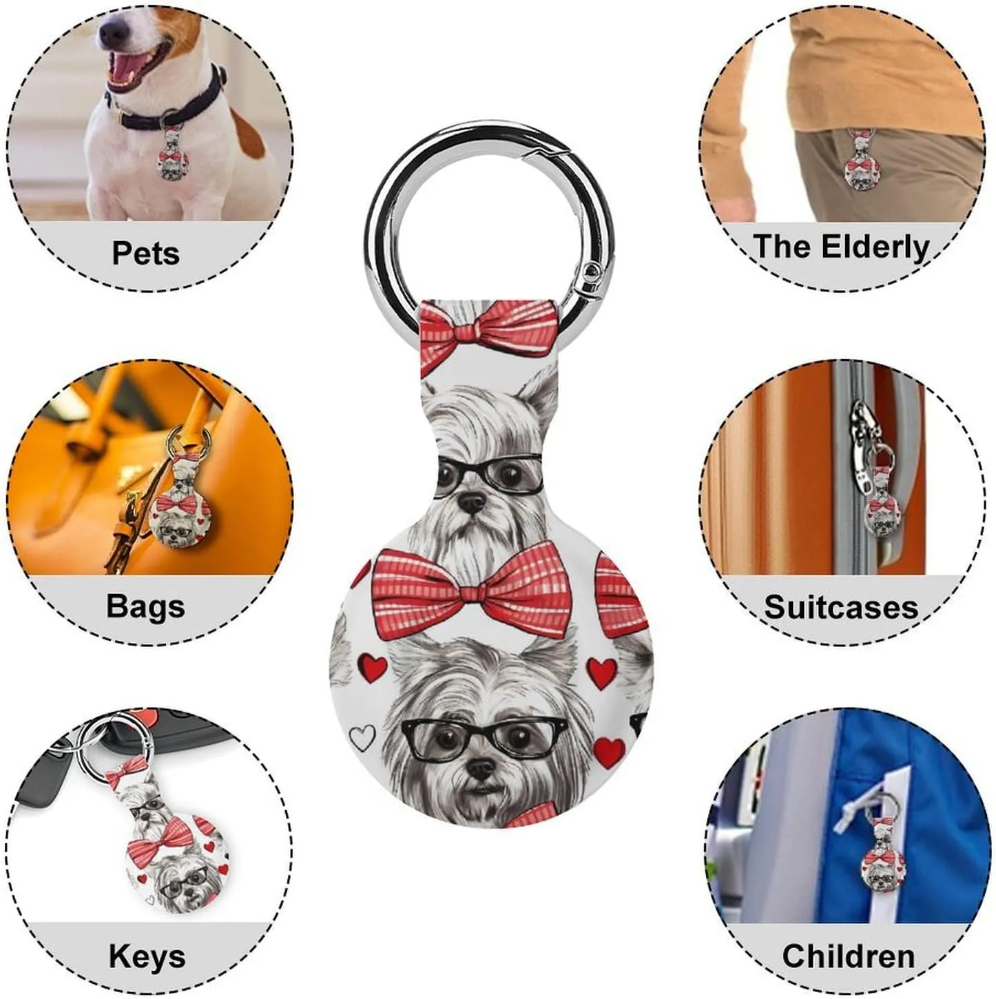Dogs in Glasses and Bowtie Cute Case for Airtag with Keychain Protective Silicone Air Tag Accessories Holder