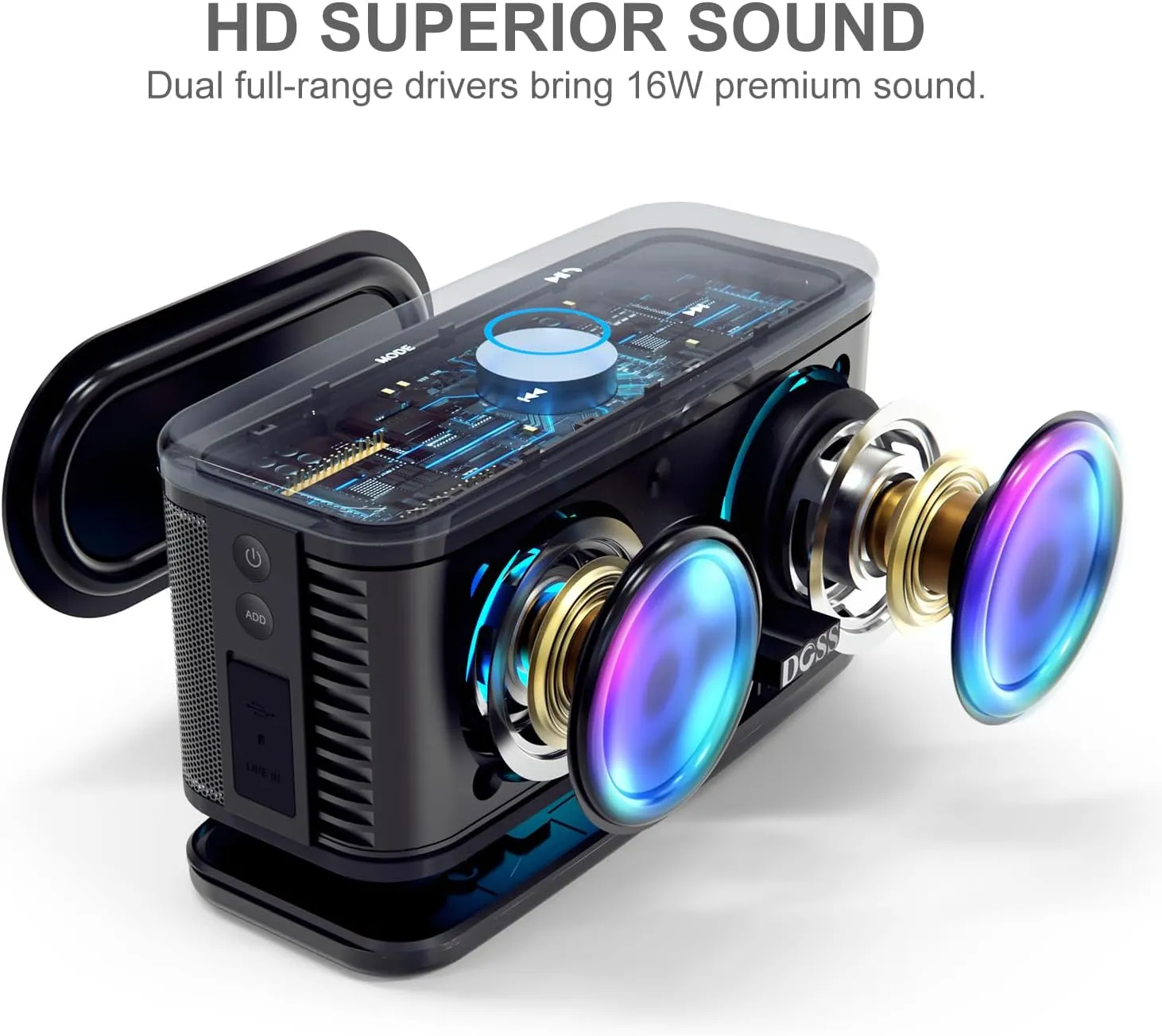 DOSS SoundBox Plus Bluetooth Speaker with Superior Sound, Bluetooth 5.0, Wireless Stereo Pairing, Built-in Mic, 20H Playtime, Portable for Hking, Beach, Camping. Outdoor, Home - Black