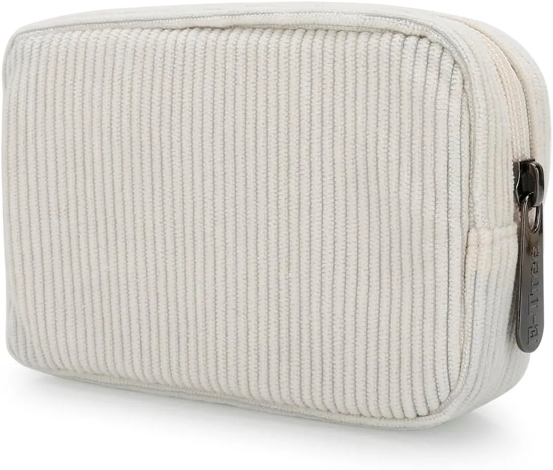 E-Tree Cute Small Makeup Bag,Cosmetic Toiletry Make up Little Items Pouch for Purse,Zipper Mini Tech Charger Cable Electronic Organizer Case,Travel Accessories for Women Men Teen,White Corduroy