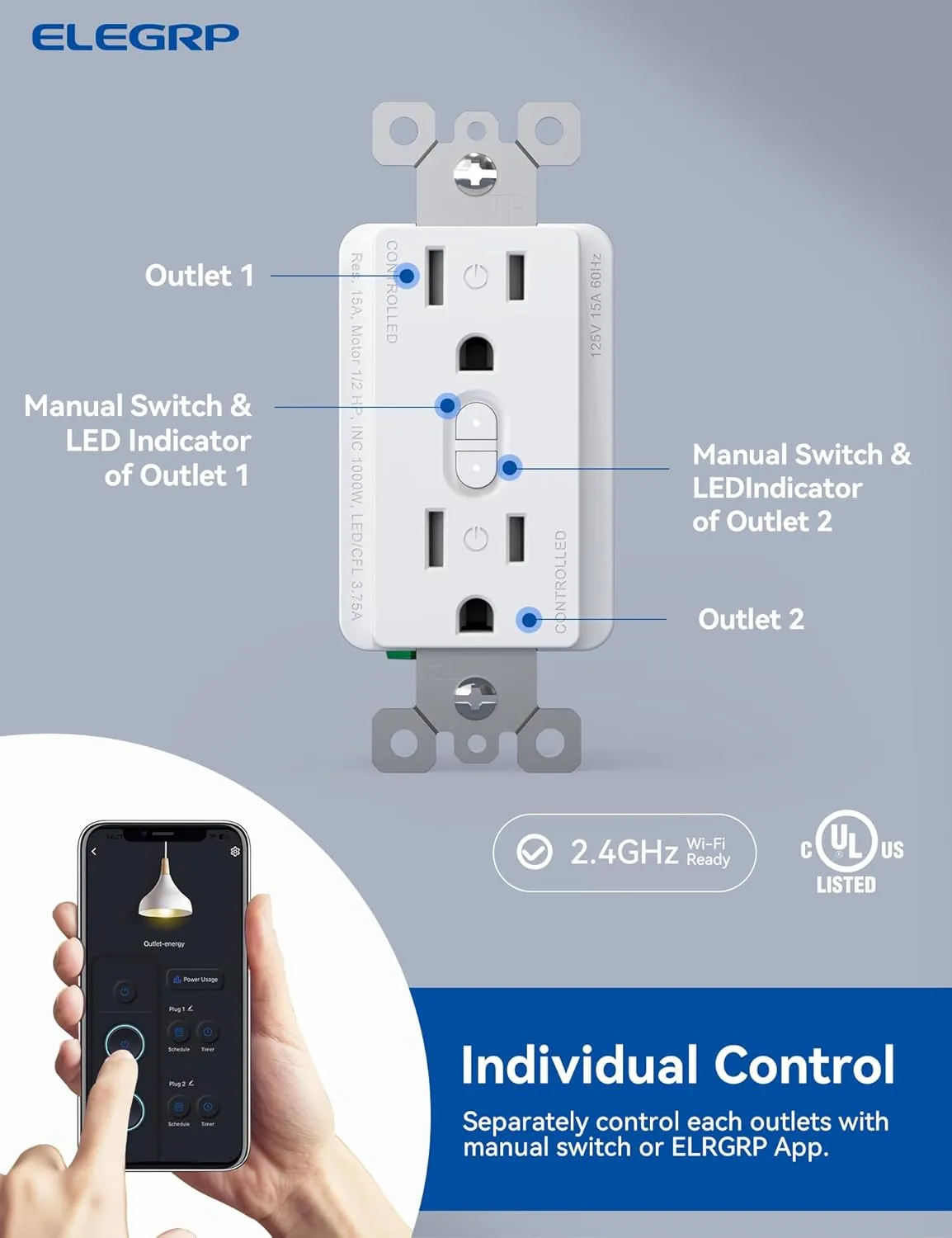 ELEGRP Smart In-Wall Outlet with Energy Monitoring, 2.4GHz Wi-Fi Smart Receptacle Compatible with Alexa & Google Assistant, 2 Individually Controlled Outlets, No Hub Required, UL Listed, White, 6 Pack