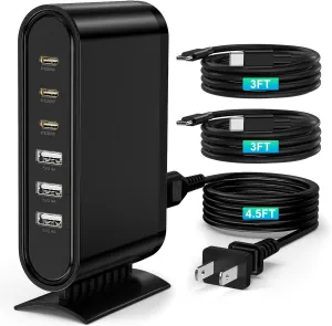 Essri 96W 6Port GaN USB C Hub Charging Station Block with 3 PD 3.0 & 3 USB A Ports - High-Speed Fast Charging Cube Box Power Adapter Plug for iPhone Pro Max,Samsung Android,More,with 2 x 3Ft C Cable