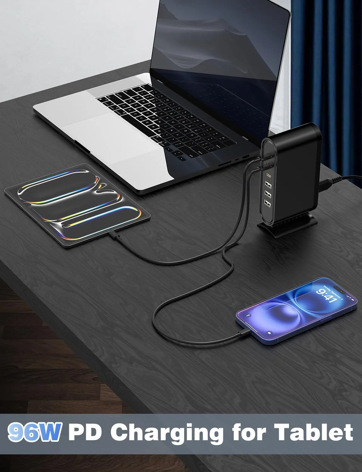 Essri 96W 6Port GaN USB C Hub Charging Station Block with 3 PD 3.0 & 3 USB A Ports - High-Speed Fast Charging Cube Box Power Adapter Plug for iPhone Pro Max,Samsung Android,More,with 2 x 3Ft C Cable