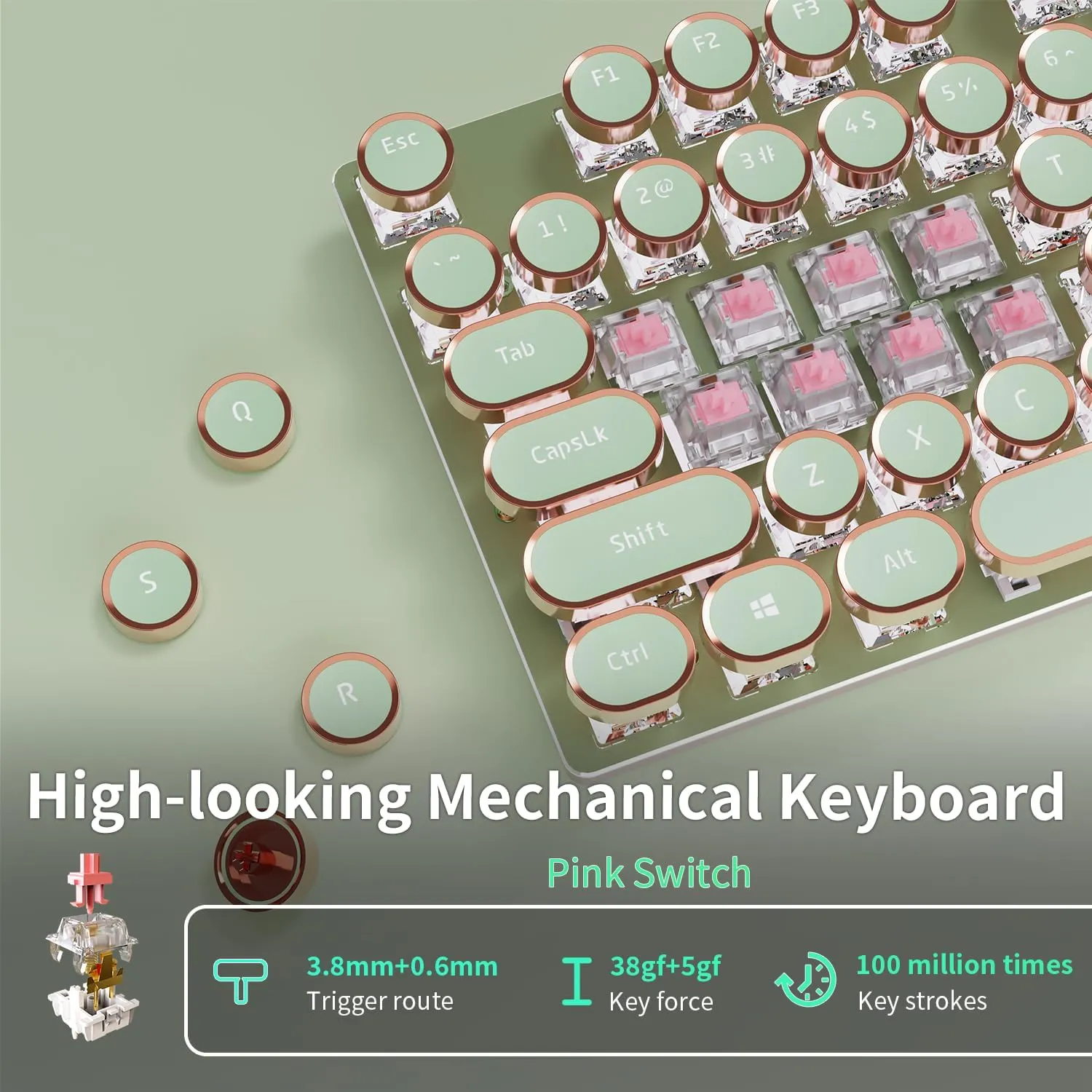 EWEADN Typewriter Style Mechanical Gaming Keyboard, Wired Mechanical Keyboards,104 Keys Backlit LED Keyboards, Media Control Knob, Wired Computer Keyboard Pink Switch for Windows/Mac/PC-Green