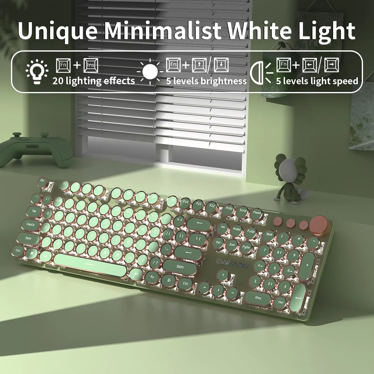 EWEADN Typewriter Style Mechanical Gaming Keyboard, Wired Mechanical Keyboards,104 Keys Backlit LED Keyboards, Media Control Knob, Wired Computer Keyboard Pink Switch for Windows/Mac/PC-Green