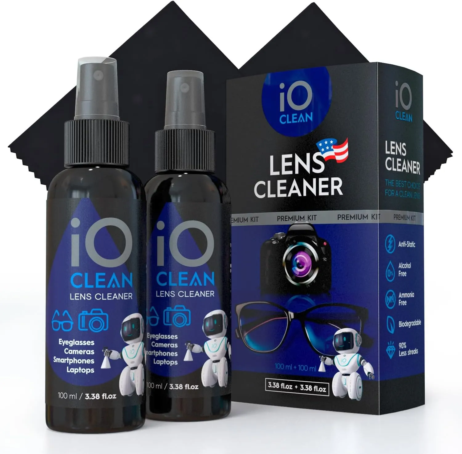 Eyeglass Lens Cleaner (3.38oz 3.38oz 2cloths)  Kit for Glasses, Screens, Camera, Laptops, Touchscreens, Computer Monitors, Other Electronics  2 Microfiber Cloths Inluded