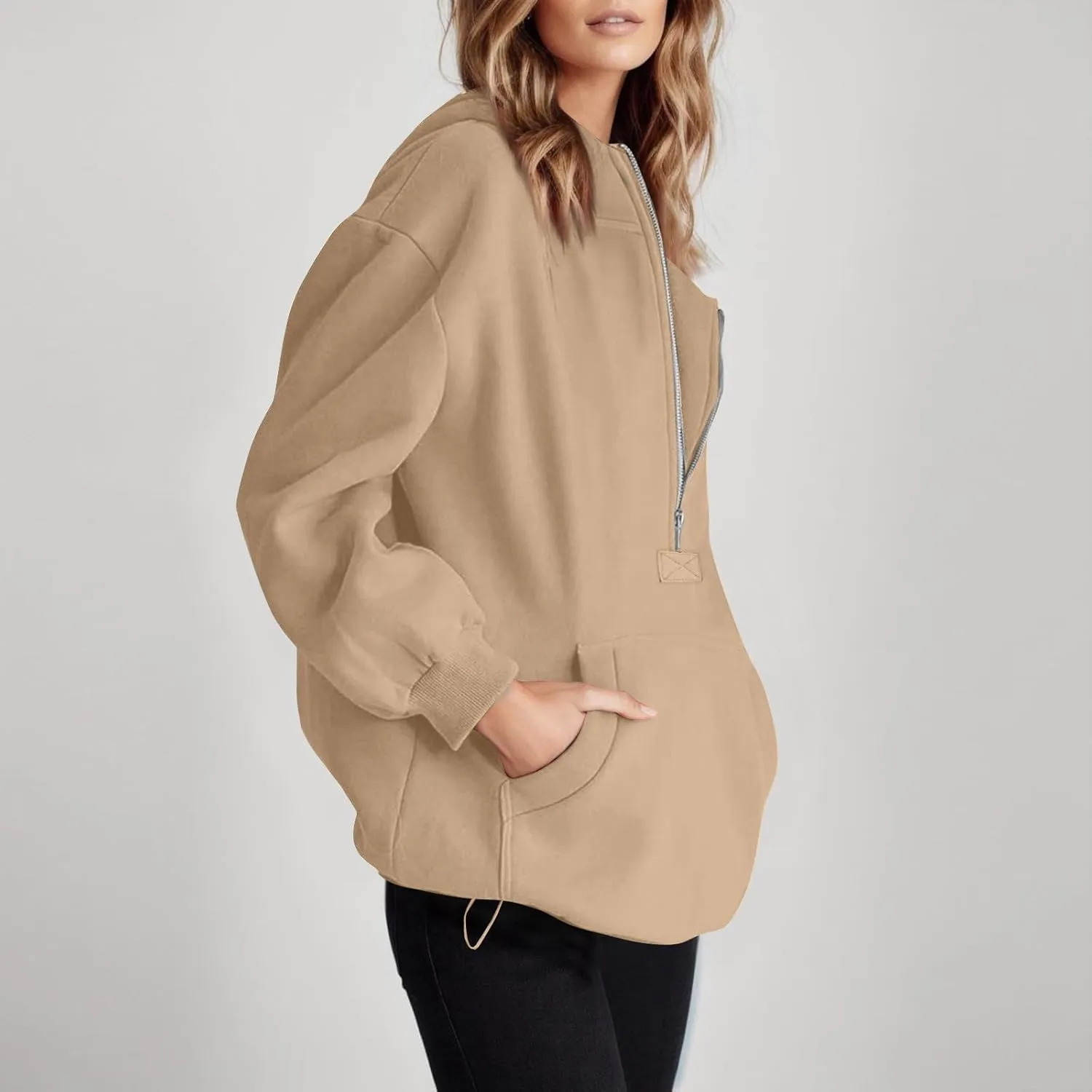 Fleece Oversized Hoodie Women Loose Fit Half Zip Pullover Sweatshirts Trendy Drawstring Hem Jacket with Pockets