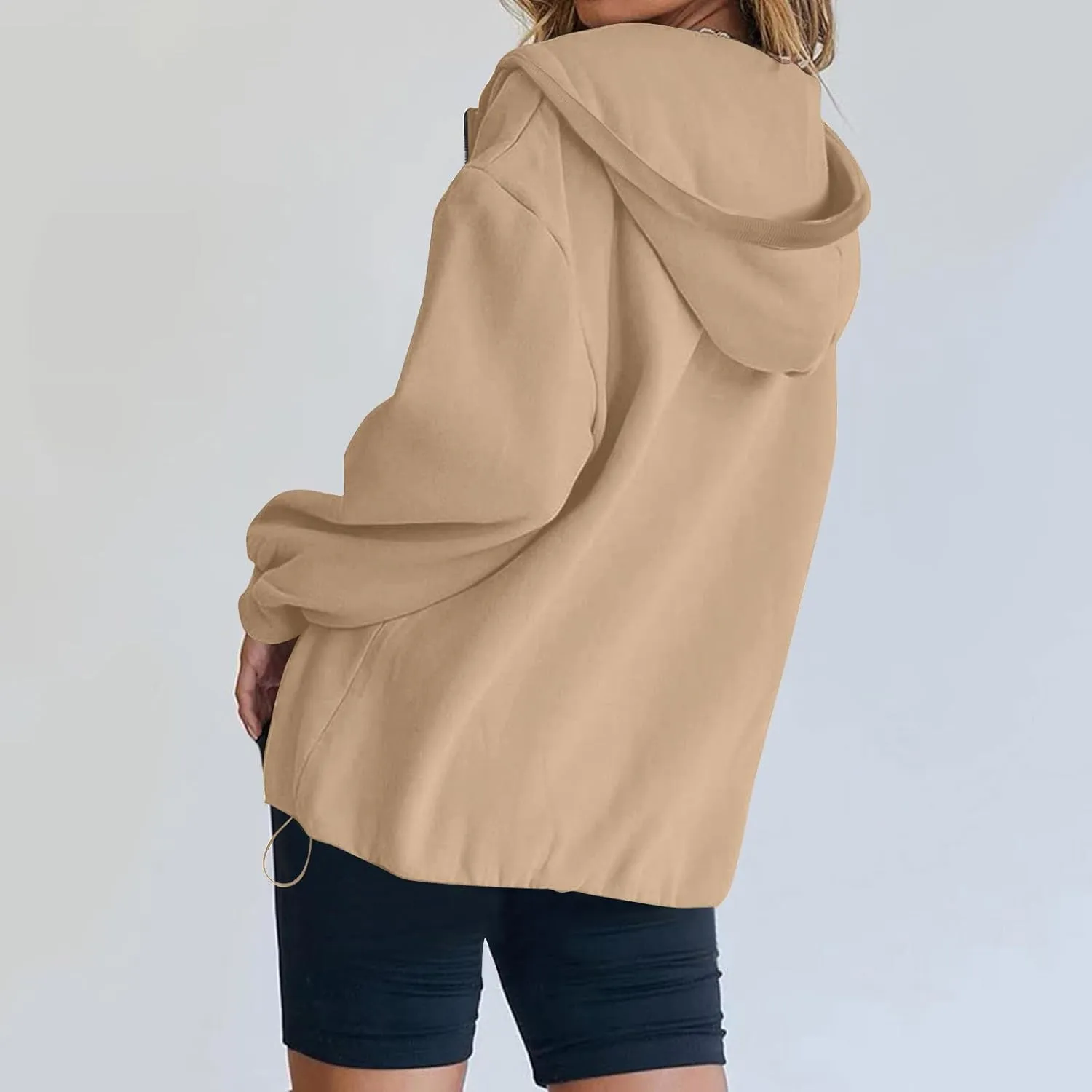 Fleece Oversized Hoodie Women Loose Fit Half Zip Pullover Sweatshirts Trendy Drawstring Hem Jacket with Pockets