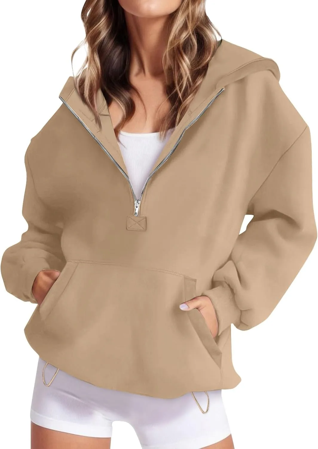 Fleece Oversized Hoodie Women Loose Fit Half Zip Pullover Sweatshirts Trendy Drawstring Hem Jacket with Pockets