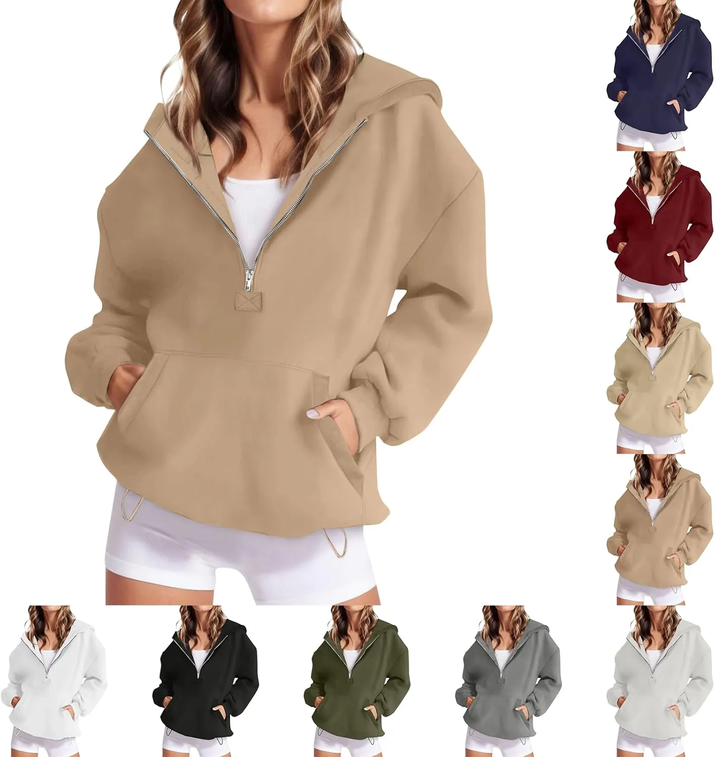 Fleece Oversized Hoodie Women Loose Fit Half Zip Pullover Sweatshirts Trendy Drawstring Hem Jacket with Pockets