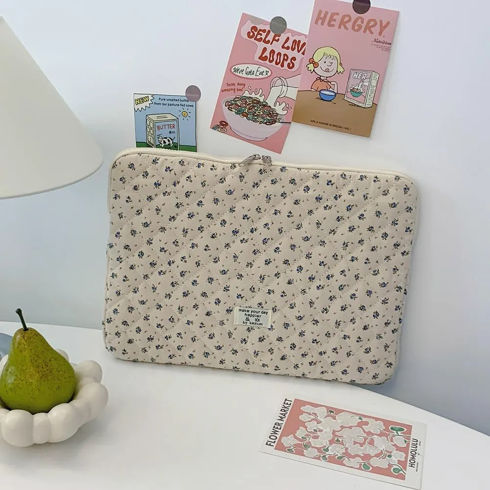 Floral Puffy Laptop Sleeve Cute Computer Bag Case 10-15 Inch Quilted Laptop Carrying Cases Floral Protective Cover