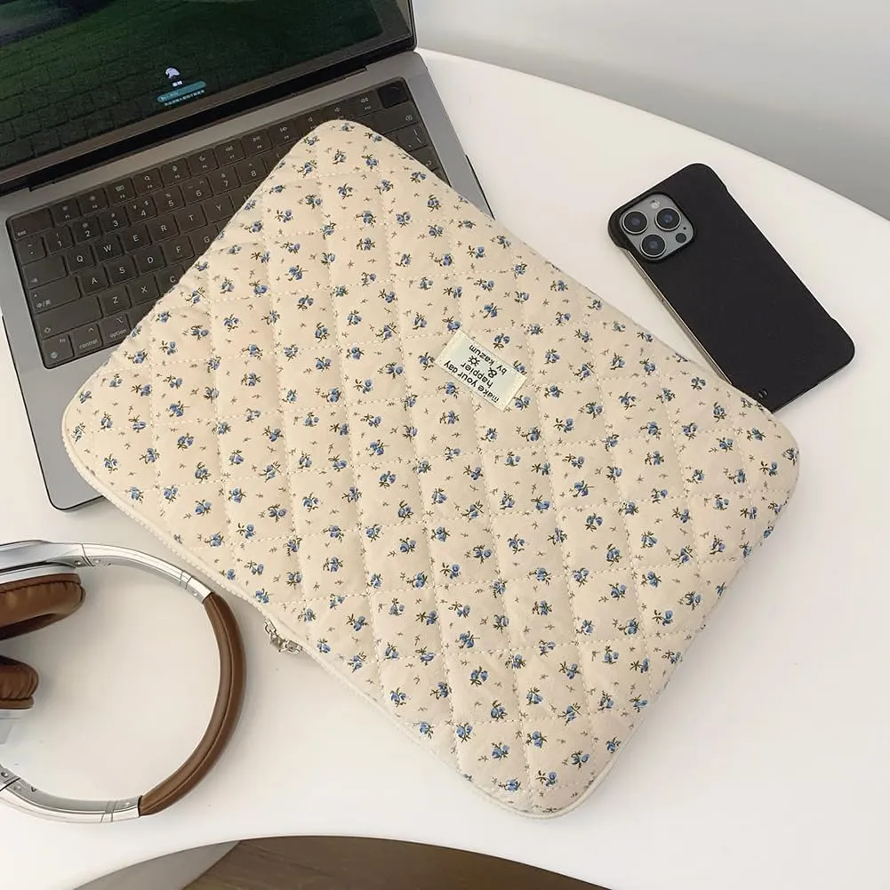 Floral Puffy Laptop Sleeve Cute Computer Bag Case 10-15 Inch Quilted Laptop Carrying Cases Floral Protective Cover