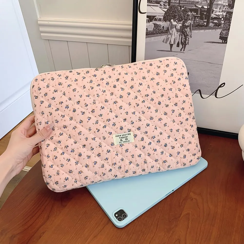 Floral Puffy Laptop Sleeve Cute Computer Bag Case 10-15 Inch Quilted Laptop Carrying Cases Floral Protective Cover