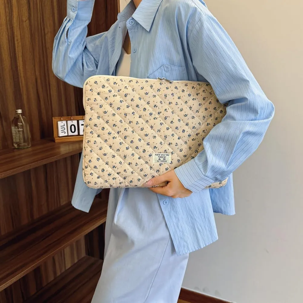 Floral Puffy Laptop Sleeve Cute Computer Bag Case 10-15 Inch Quilted Laptop Carrying Cases Floral Protective Cover