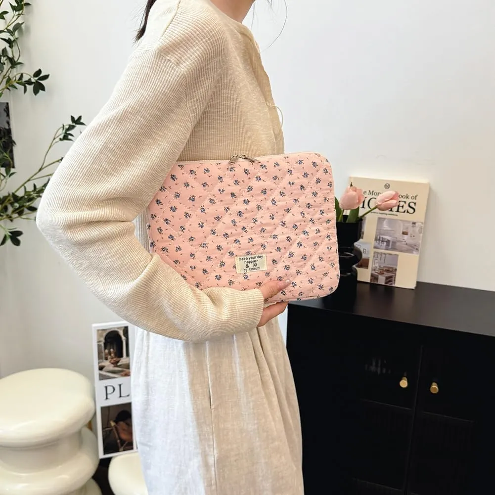 Floral Puffy Laptop Sleeve Cute Computer Bag Case 10-15 Inch Quilted Laptop Carrying Cases Floral Protective Cover