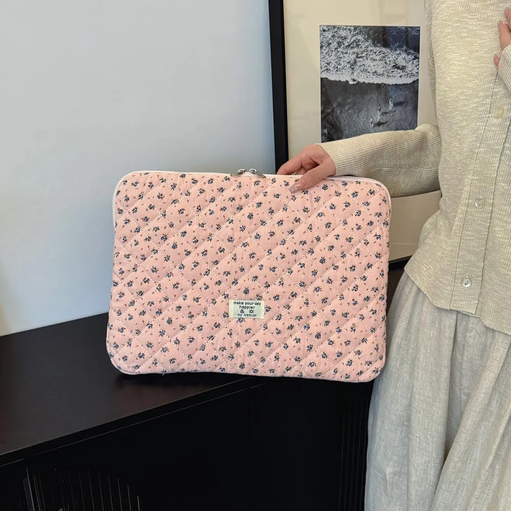 Floral Puffy Laptop Sleeve Cute Computer Bag Case 10-15 Inch Quilted Laptop Carrying Cases Floral Protective Cover