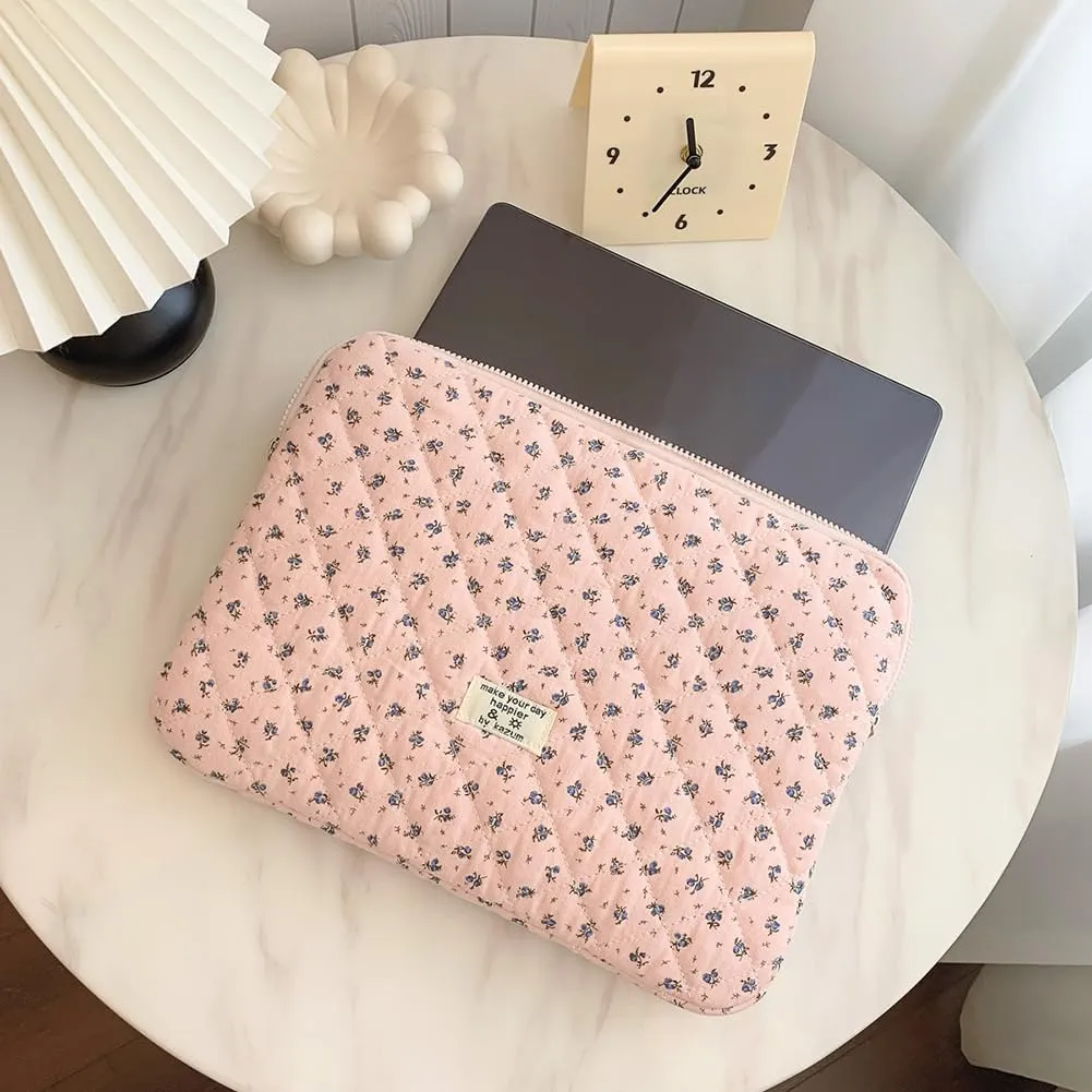 Floral Puffy Laptop Sleeve Cute Computer Bag Case 10-15 Inch Quilted Laptop Carrying Cases Floral Protective Cover