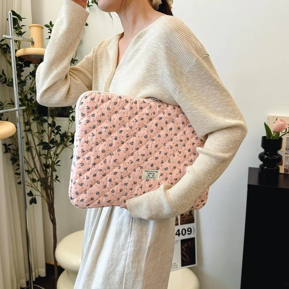 Floral Puffy Laptop Sleeve Cute Computer Bag Case 10-15 Inch Quilted Laptop Carrying Cases Floral Protective Cover