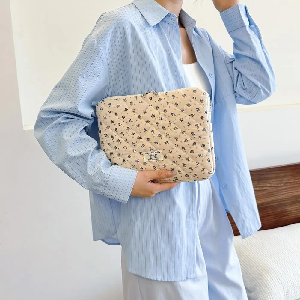 Floral Puffy Laptop Sleeve Cute Computer Bag Case 10-15 Inch Quilted Laptop Carrying Cases Floral Protective Cover