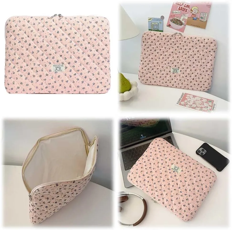 Floral Puffy Laptop Sleeve Cute Computer Bag Case 10-15 Inch Quilted Laptop Carrying Cases Floral Protective Cover