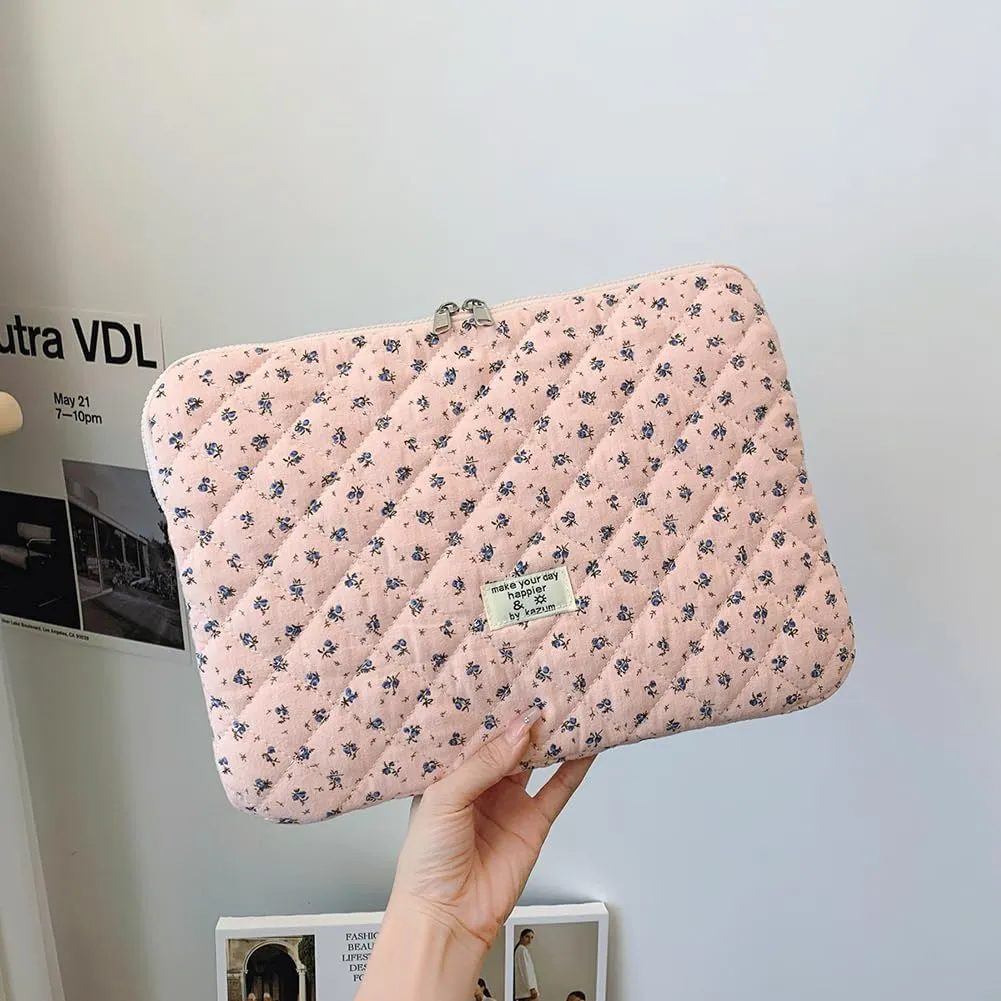 Floral Puffy Laptop Sleeve Cute Computer Bag Case 10-15 Inch Quilted Laptop Carrying Cases Floral Protective Cover
