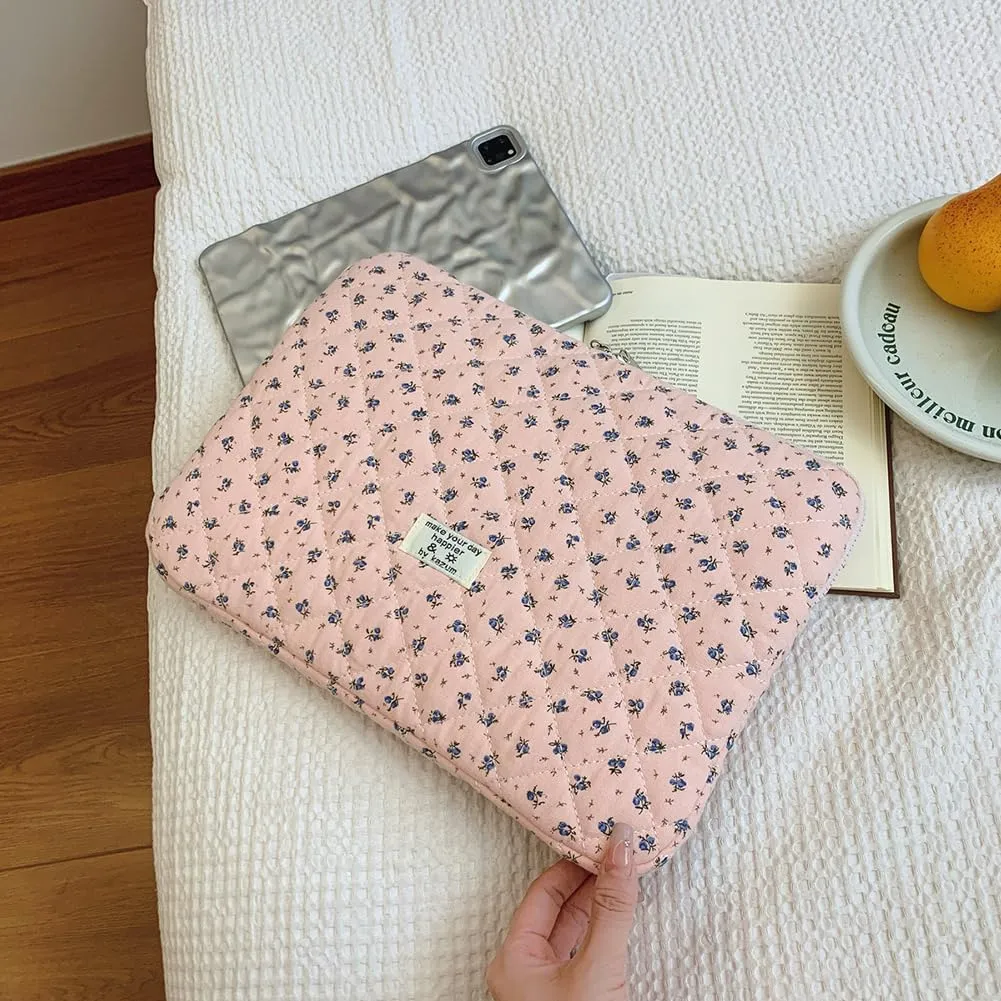 Floral Puffy Laptop Sleeve Cute Computer Bag Case 10-15 Inch Quilted Laptop Carrying Cases Floral Protective Cover