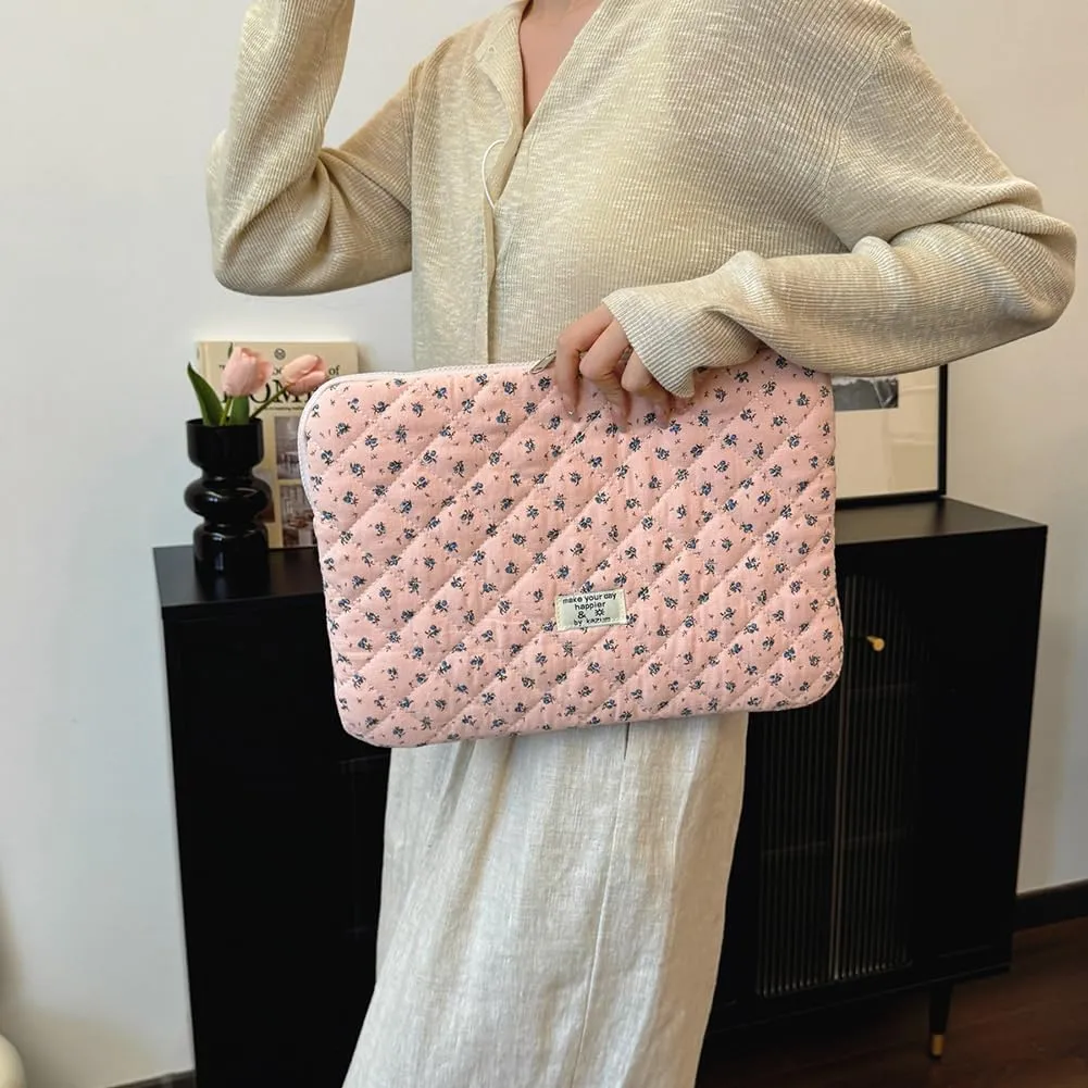 Floral Puffy Laptop Sleeve Cute Computer Bag Case 10-15 Inch Quilted Laptop Carrying Cases Floral Protective Cover