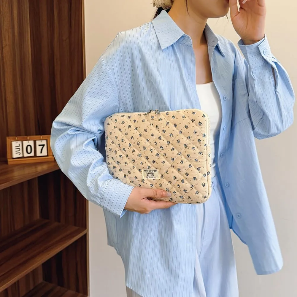 Floral Puffy Laptop Sleeve Cute Computer Bag Case 10-15 Inch Quilted Laptop Carrying Cases Floral Protective Cover