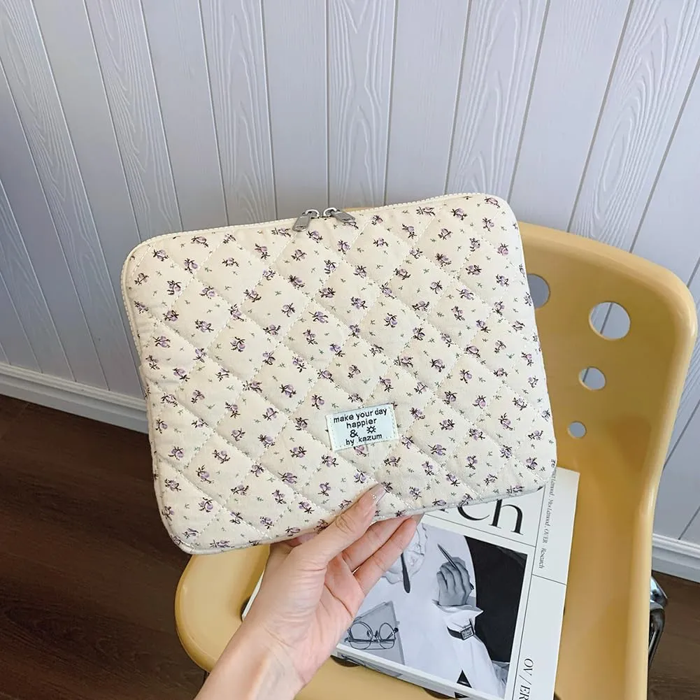 Floral Puffy Laptop Sleeve Cute Computer Bag Case 10-15 Inch Quilted Laptop Carrying Cases Floral Protective Cover