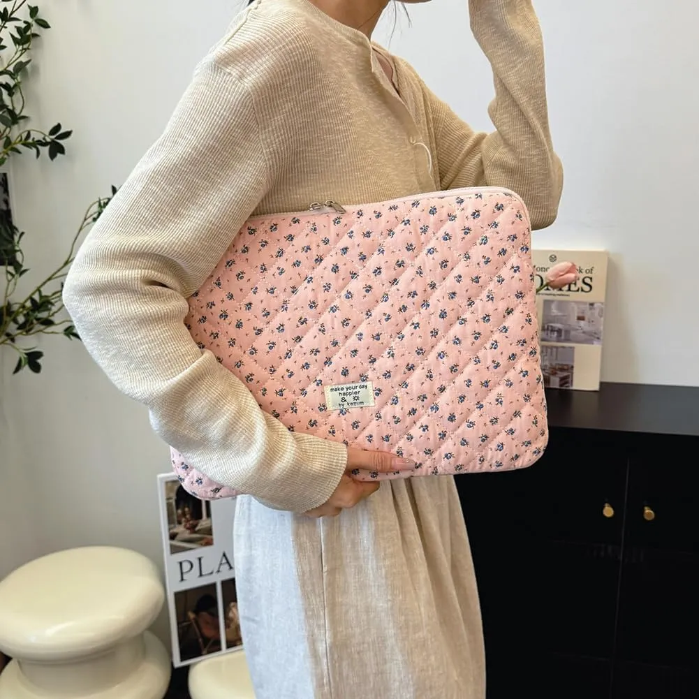 Floral Puffy Laptop Sleeve Cute Computer Bag Case 10-15 Inch Quilted Laptop Carrying Cases Floral Protective Cover