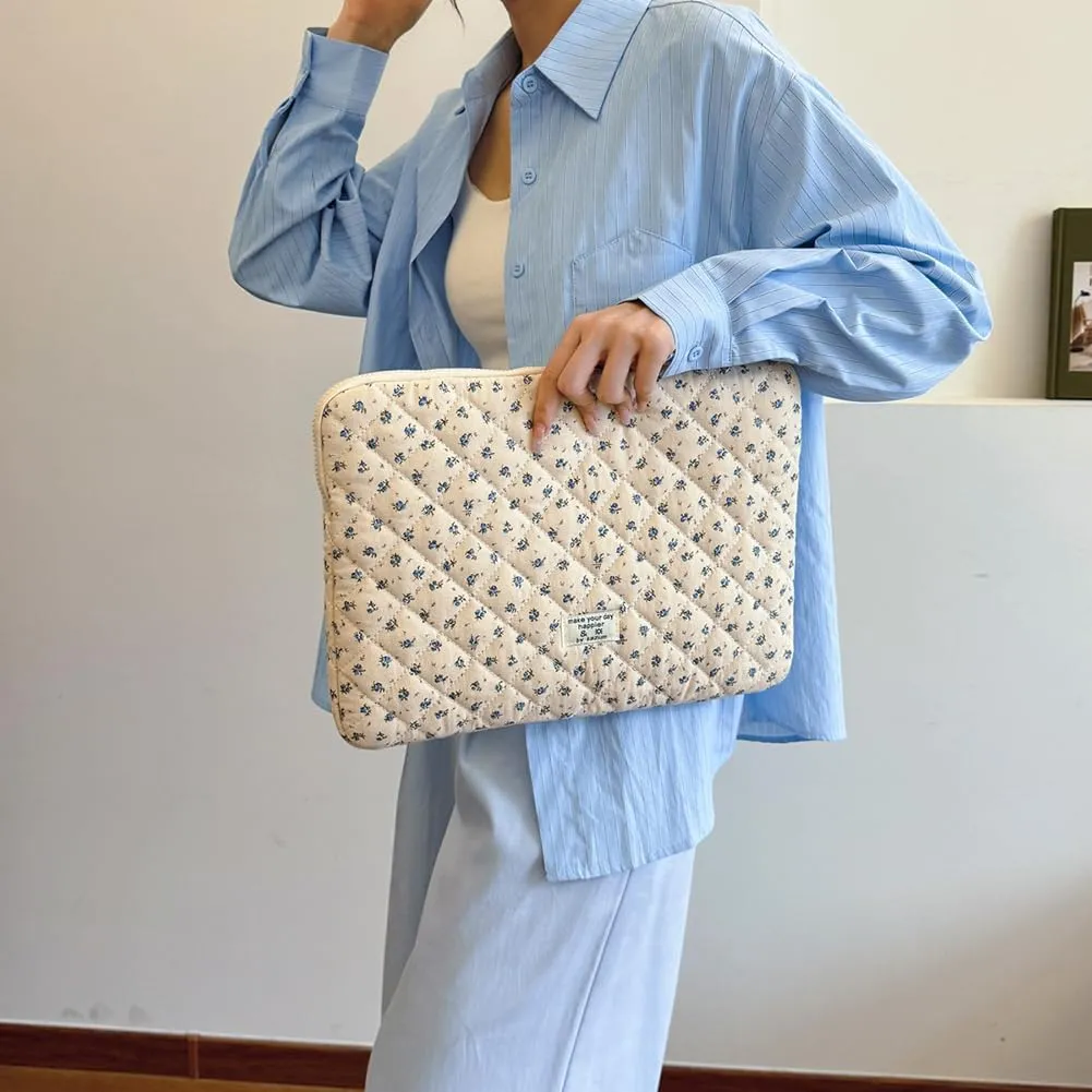 Floral Puffy Laptop Sleeve Cute Computer Bag Case 10-15 Inch Quilted Laptop Carrying Cases Floral Protective Cover