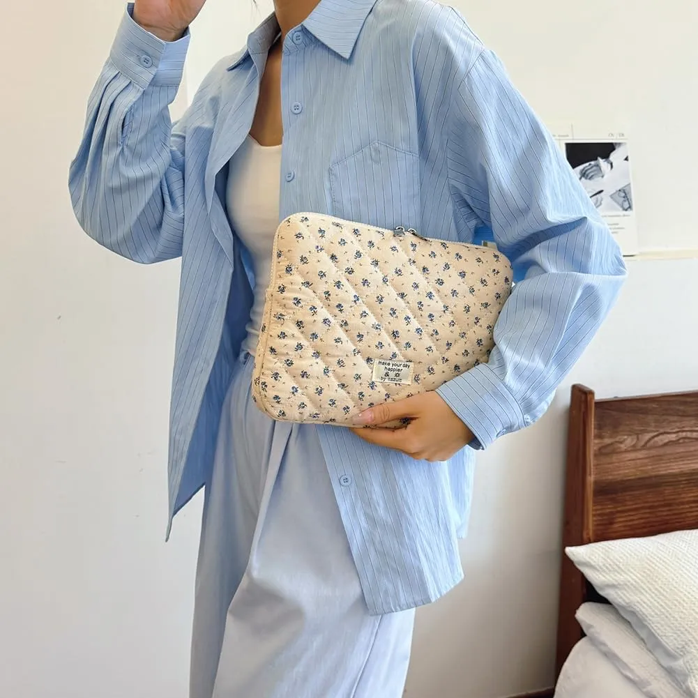 Floral Puffy Laptop Sleeve Cute Computer Bag Case 10-15 Inch Quilted Laptop Carrying Cases Floral Protective Cover
