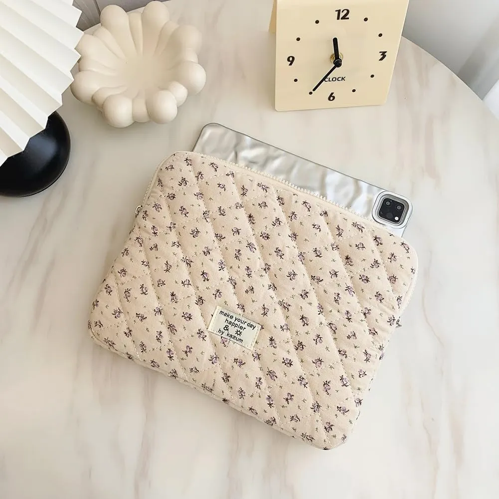Floral Puffy Laptop Sleeve Cute Computer Bag Case 10-15 Inch Quilted Laptop Carrying Cases Floral Protective Cover