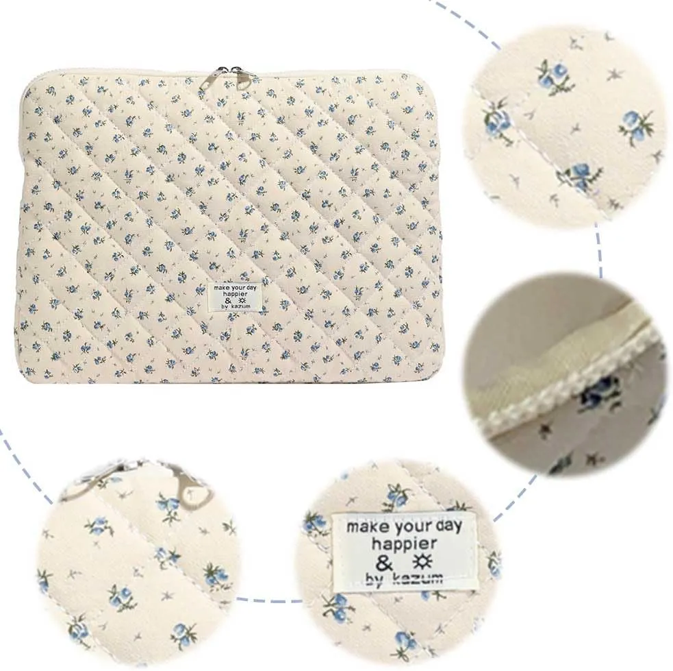 Floral Puffy Laptop Sleeve Cute Computer Bag Case 10-15 Inch Quilted Laptop Carrying Cases Floral Protective Cover