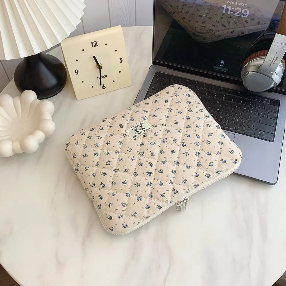Floral Puffy Laptop Sleeve Cute Computer Bag Case 10-15 Inch Quilted Laptop Carrying Cases Floral Protective Cover