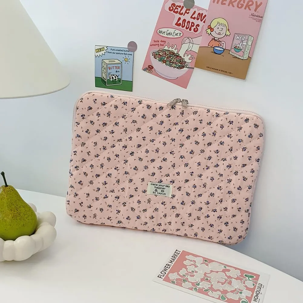 Floral Puffy Laptop Sleeve Cute Computer Bag Case 10-15 Inch Quilted Laptop Carrying Cases Floral Protective Cover