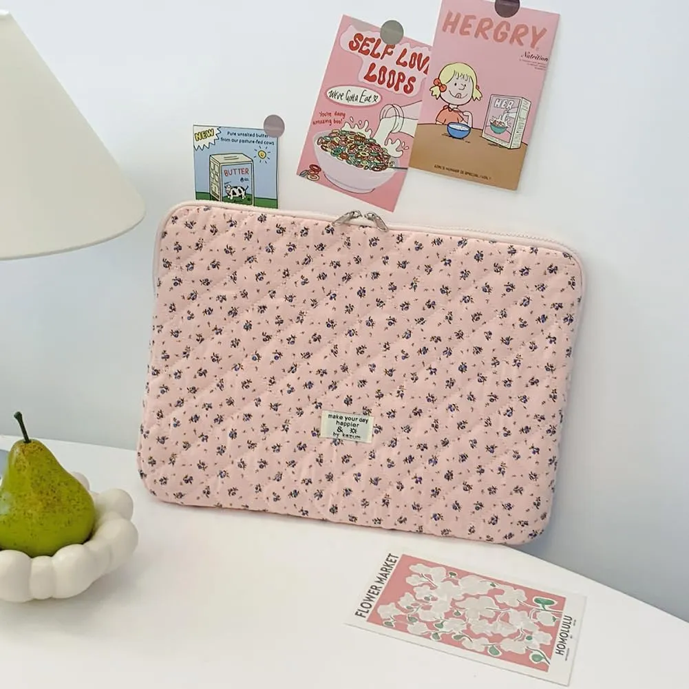 Floral Puffy Laptop Sleeve Cute Computer Bag Case 10-15 Inch Quilted Laptop Carrying Cases Floral Protective Cover