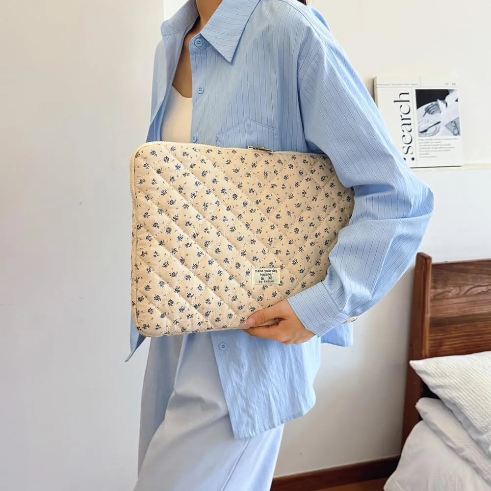 Floral Puffy Laptop Sleeve Cute Computer Bag Case 10-15 Inch Quilted Laptop Carrying Cases Floral Protective Cover