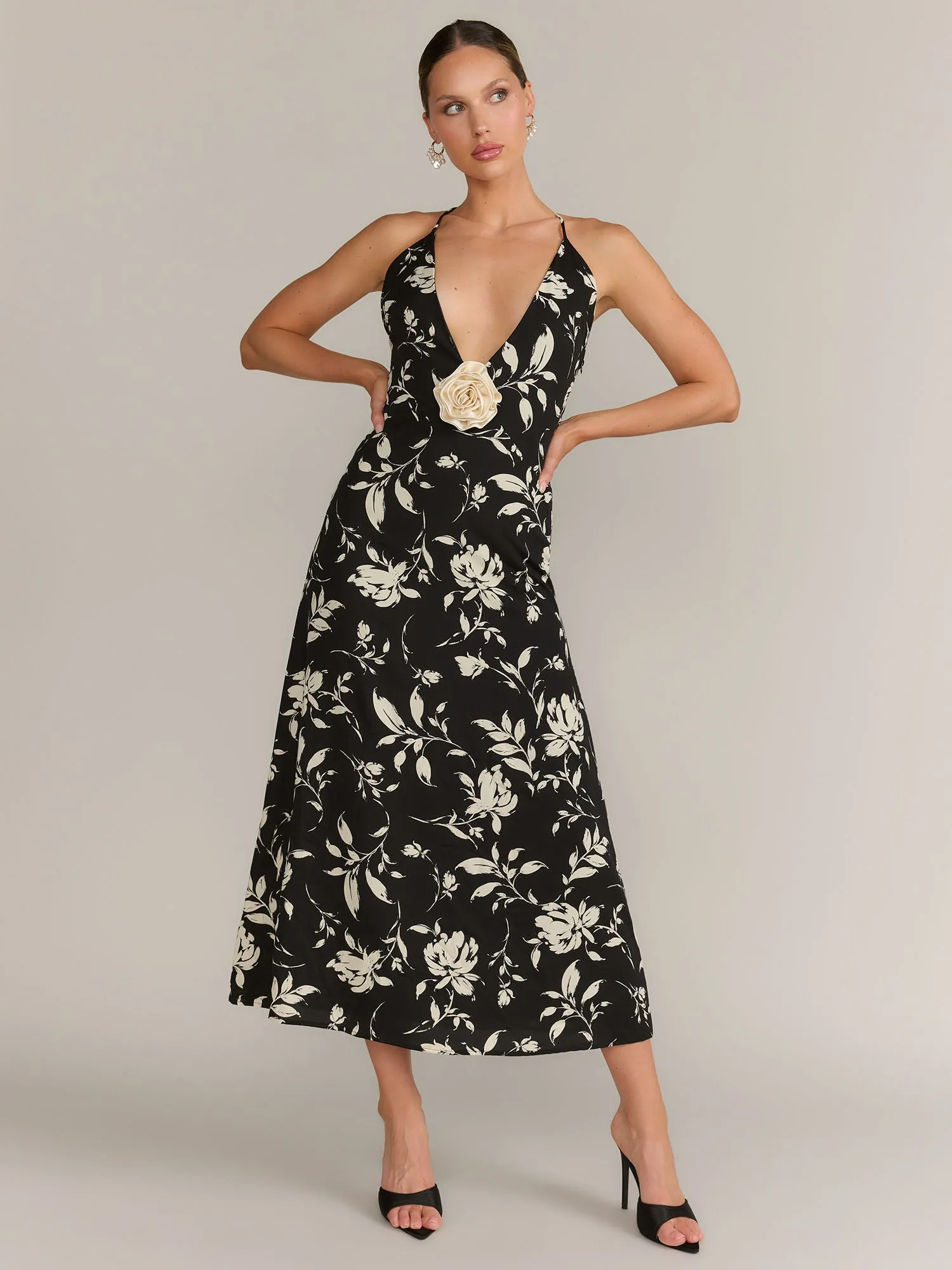 Fore Collection Plunge V-Neck Rosette Maxi Dress - Brands We Love