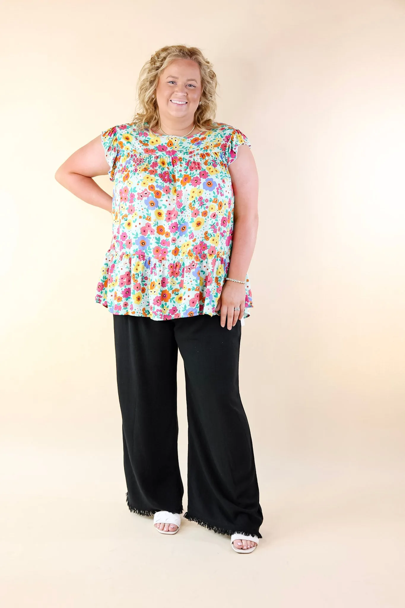 Full of Life Multicolor Floral Ruffle Sleeve Top in Light Green