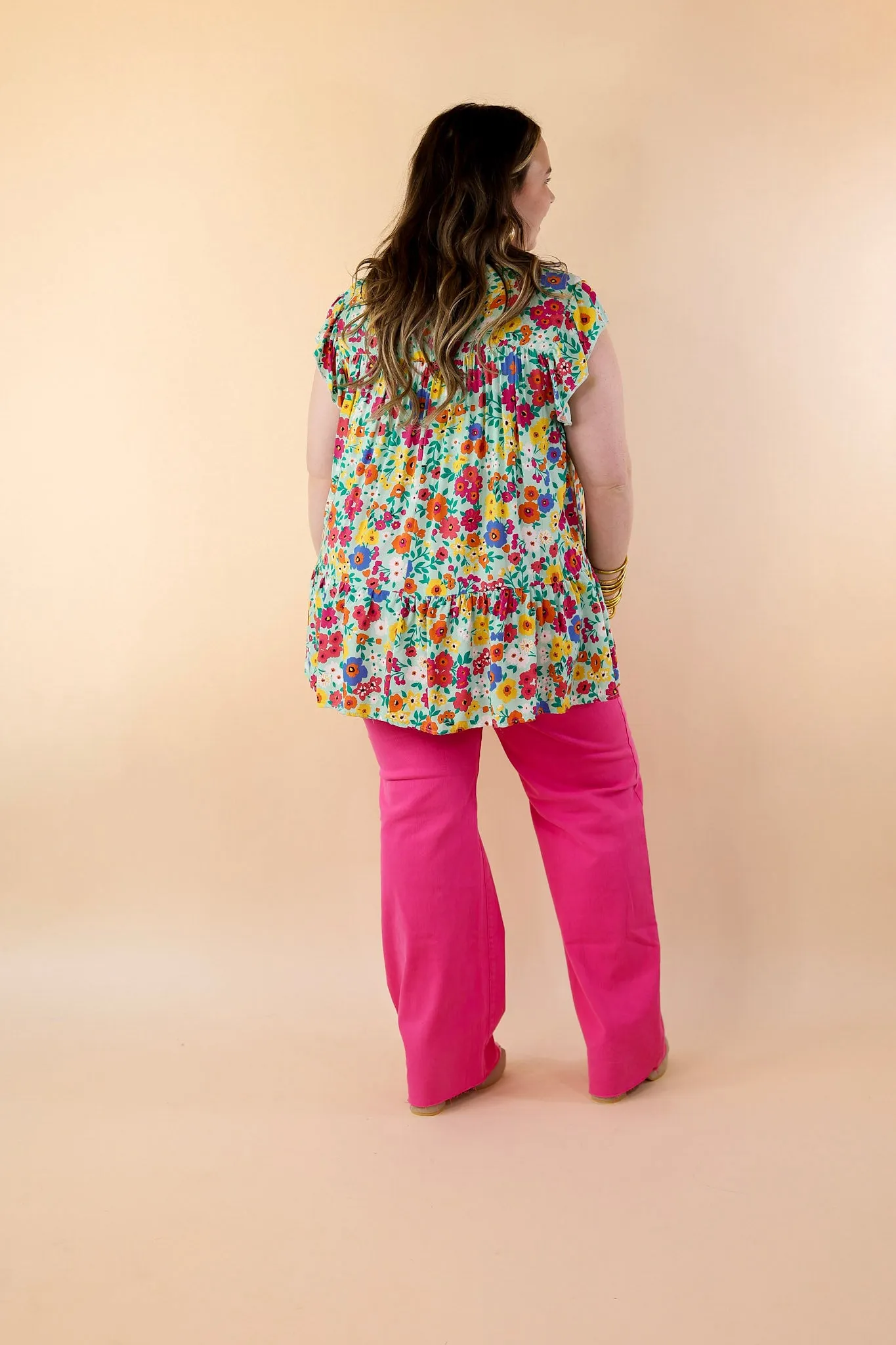 Full of Life Multicolor Floral Ruffle Sleeve Top in Light Green