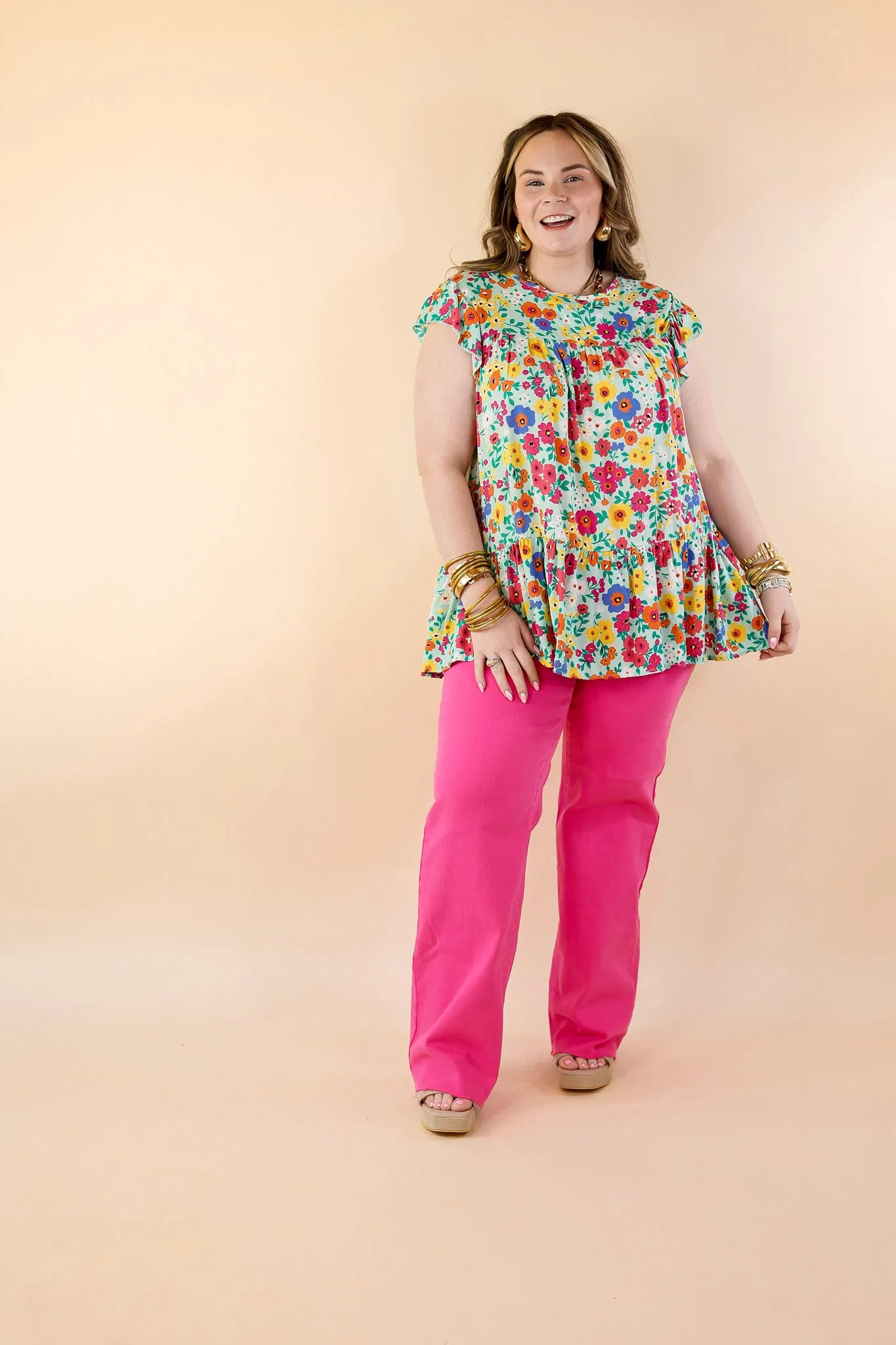 Full of Life Multicolor Floral Ruffle Sleeve Top in Light Green