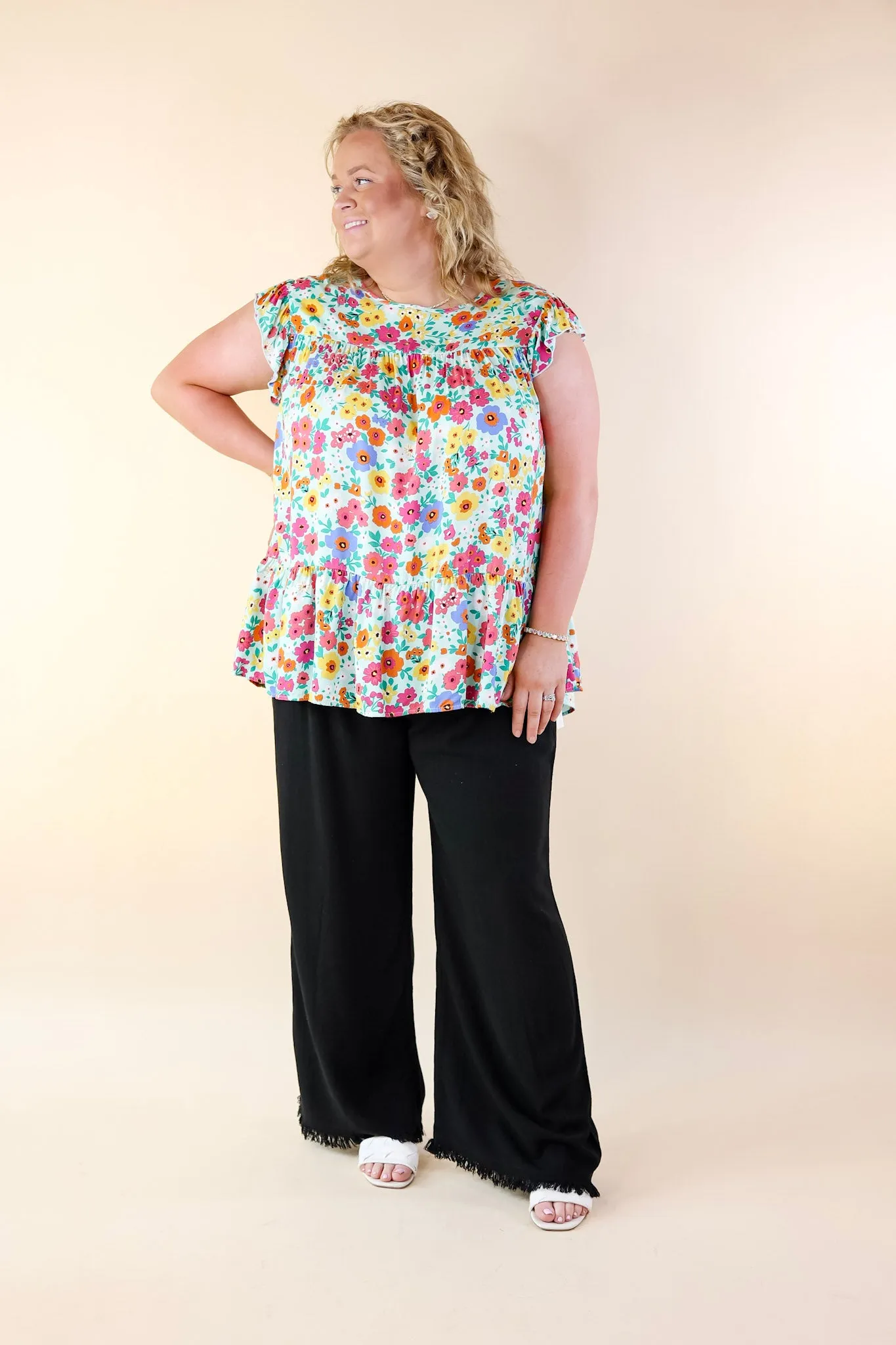 Full of Life Multicolor Floral Ruffle Sleeve Top in Light Green