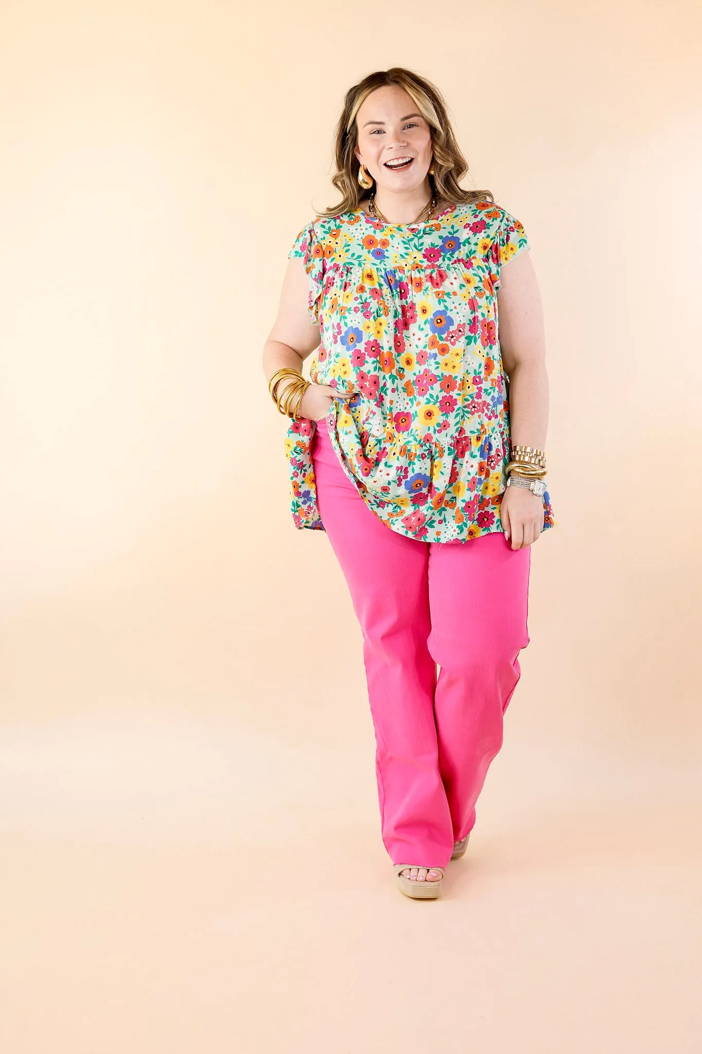 Full of Life Multicolor Floral Ruffle Sleeve Top in Light Green