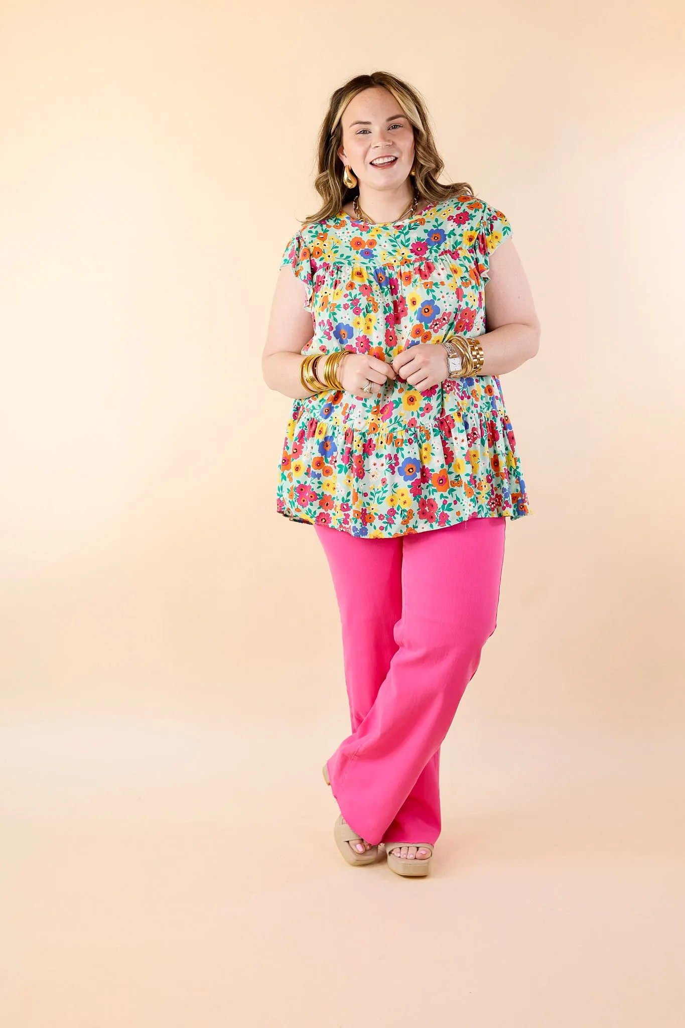 Full of Life Multicolor Floral Ruffle Sleeve Top in Light Green