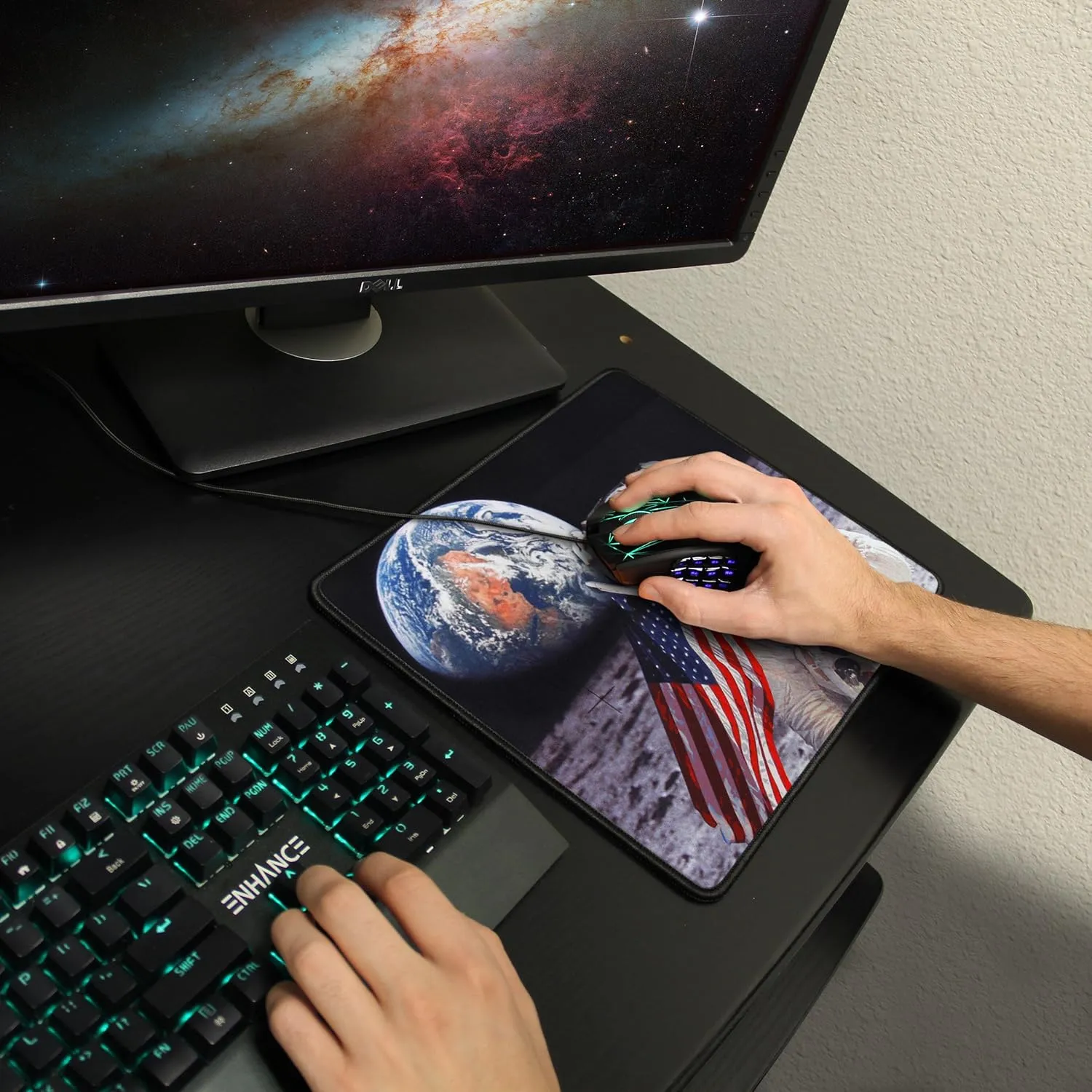 Funny Large Cat Gaming Mouse Pad with Patriotic Cat Astronaut Experiencing Epiphany (12.6 x 10.6 inches) by ENHANCE - Novelty Extended Mouse Mat with Anti-Fray Stitching, Non-Slip Rubber Base