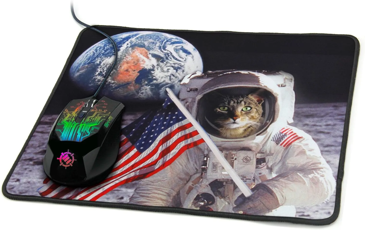 Funny Large Cat Gaming Mouse Pad with Patriotic Cat Astronaut Experiencing Epiphany (12.6 x 10.6 inches) by ENHANCE - Novelty Extended Mouse Mat with Anti-Fray Stitching, Non-Slip Rubber Base