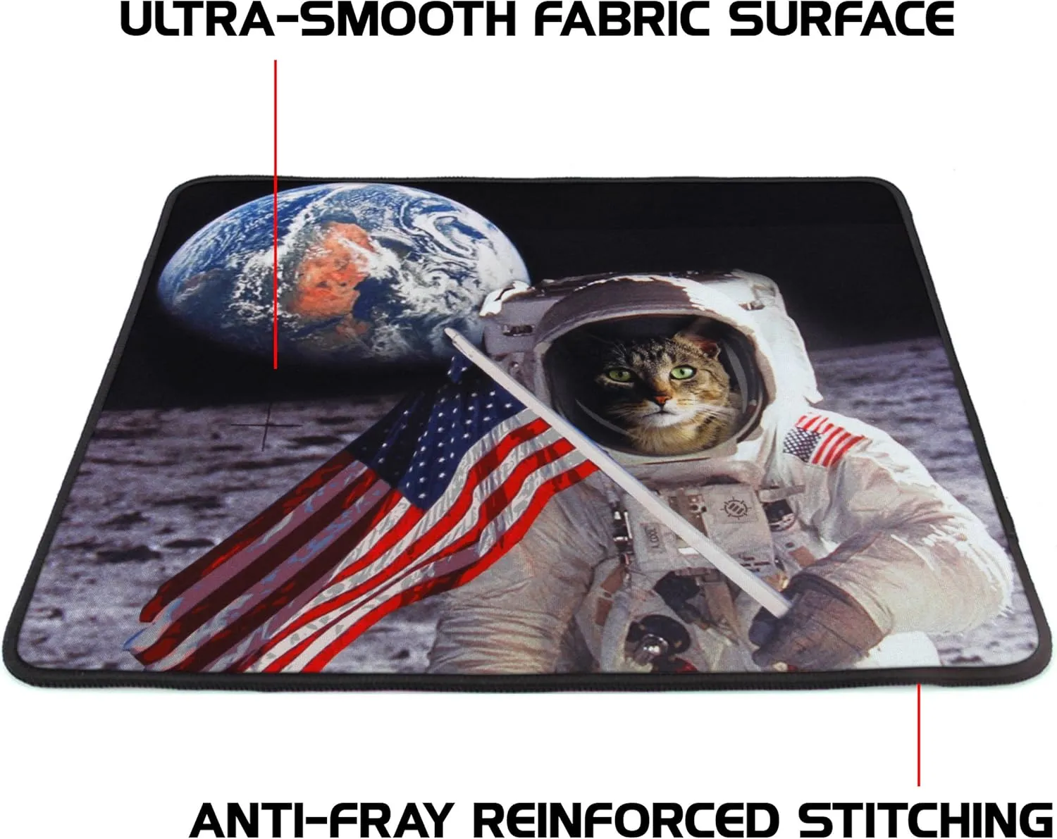 Funny Large Cat Gaming Mouse Pad with Patriotic Cat Astronaut Experiencing Epiphany (12.6 x 10.6 inches) by ENHANCE - Novelty Extended Mouse Mat with Anti-Fray Stitching, Non-Slip Rubber Base