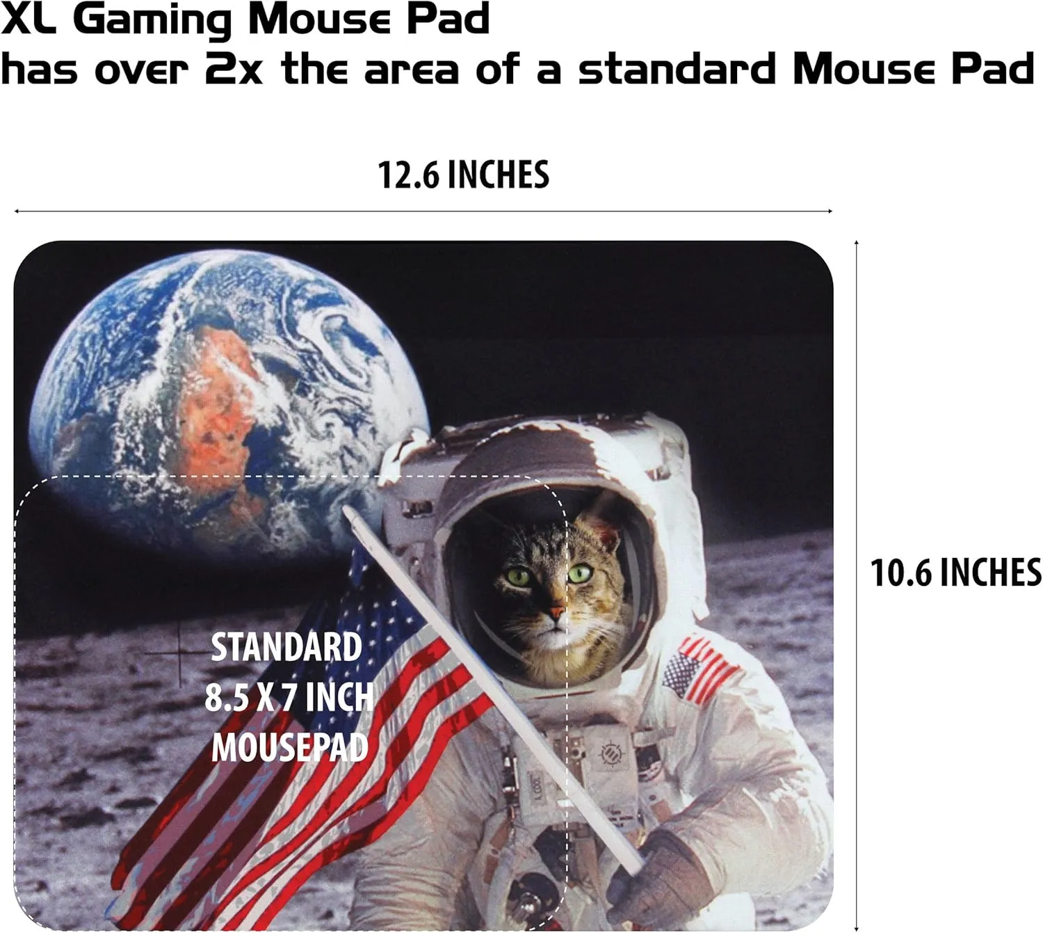 Funny Large Cat Gaming Mouse Pad with Patriotic Cat Astronaut Experiencing Epiphany (12.6 x 10.6 inches) by ENHANCE - Novelty Extended Mouse Mat with Anti-Fray Stitching, Non-Slip Rubber Base