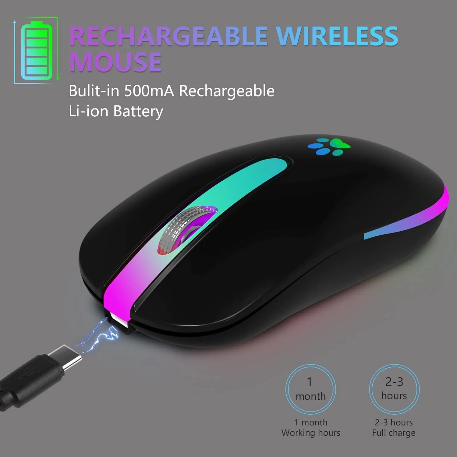 FUWANG Wireless Mouse, Rechargeable LED Wireless Bluetooth Mouse,Portable USB Optical 2.4G Wireless Bluetooth Two Mode Computer Mice with USB & Type-c Receiver, Black